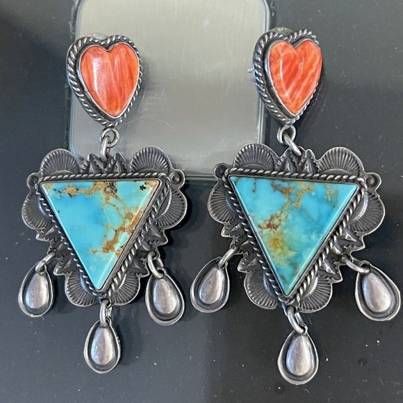 Navajo STERLING TURQUOISE SPINY OYSTER DANGLE EARRINGS Vintage stamped D. REEVES - Picture 6 of 9